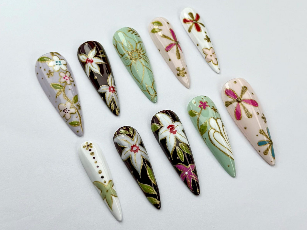 Oriental Floral Press On Nails Floral Dragonfly Nail Art Vintage Painted Flower Fake Nails Inspired by Asian Jewelry OB739YK