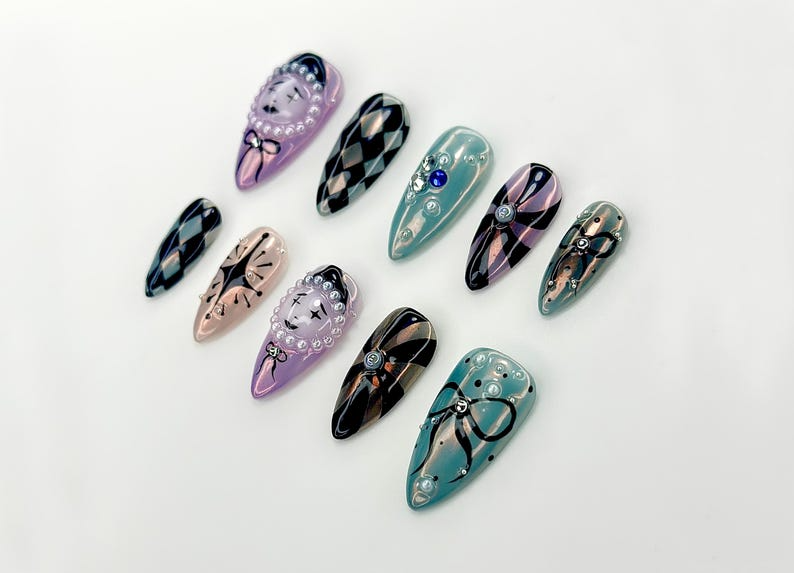 Harlequin Masquerade Halloween Press On Nails, Diamond Pattern & 3D Face Nail Art