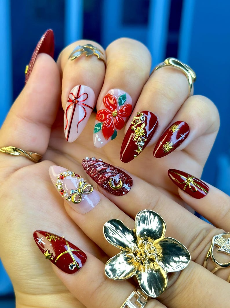 Floral Christmas Press On Nails Red Gift Bow Nails Luxury Winter Nail Art Red Gold Holiday Nail Set