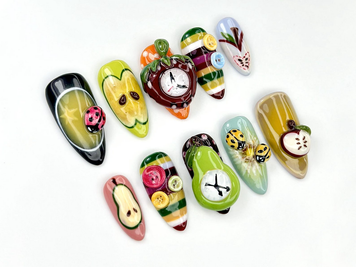 Fruity Fun Press On Nails 3D Fruit Bug Nail Art Clock Design Cute Kawaii Nails Colorful Handmade Fake Nails Summer Nails OA802YC