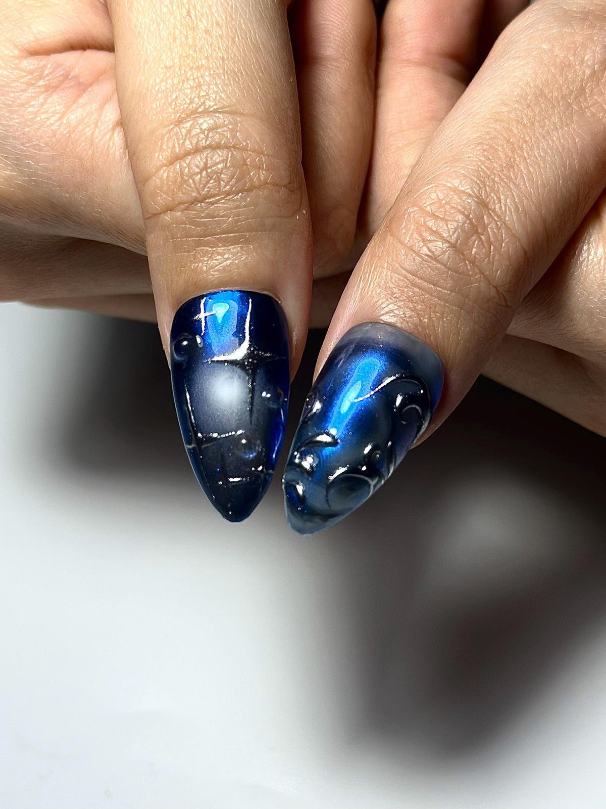 Galaxy Gothic Press On Nails Dark Blue Chrome Cat Eye Nails Celestial Star Night Nail