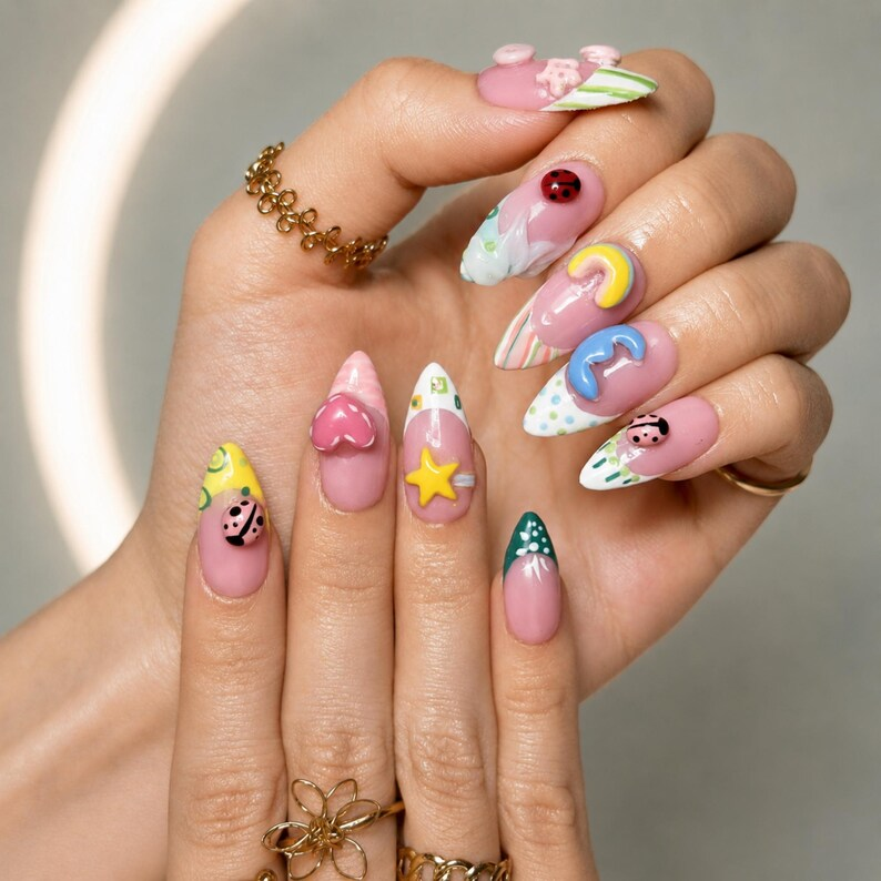 Cute 3D Ladybug Summer Press On Nails Almond • Tropical Pool Party Vibe • Rainbow Star