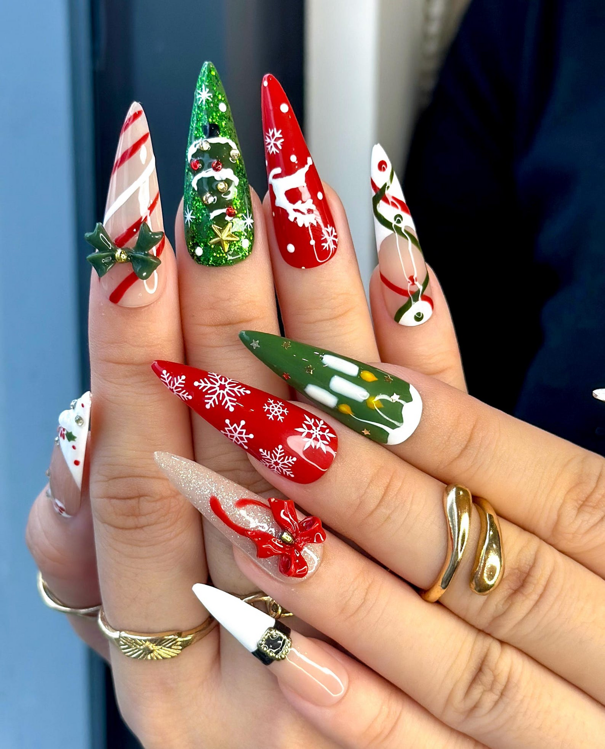 Cozy Knit Christmas Press On Nails Red Green Holiday Nail ArtFestive Tree & Ribbon Design