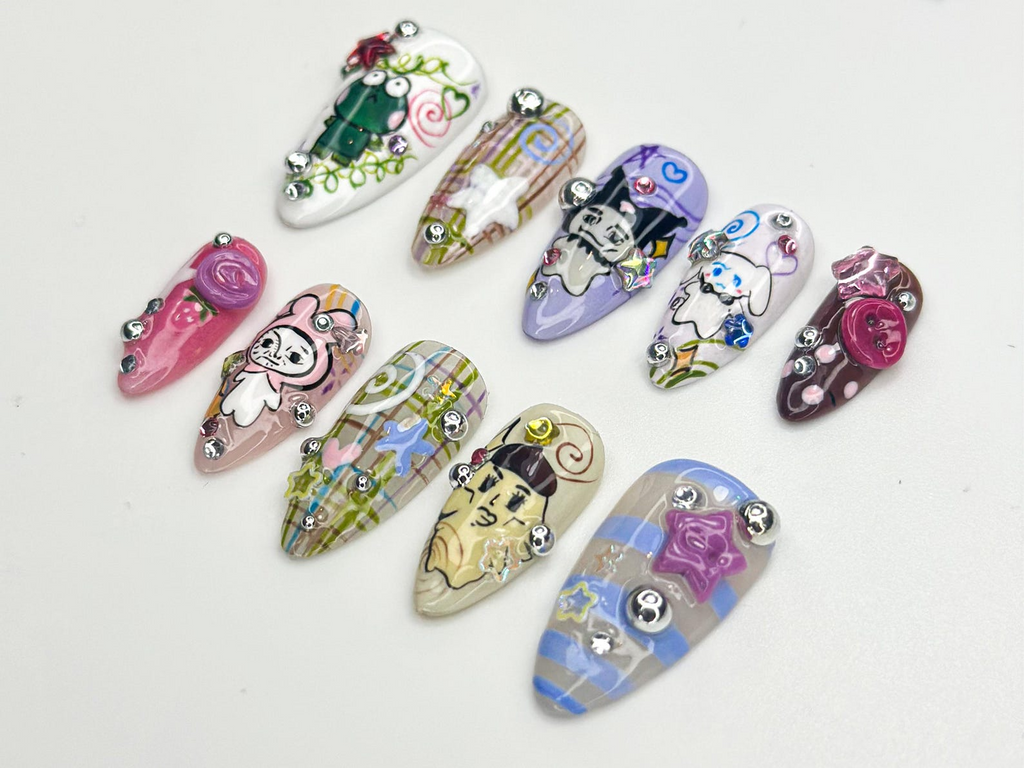Whimsical Cartoon Pop Press On Nails Playful Character Nails Colorful 3D Kawaii Nail Design Playful Mixed Media Nails OB779HC