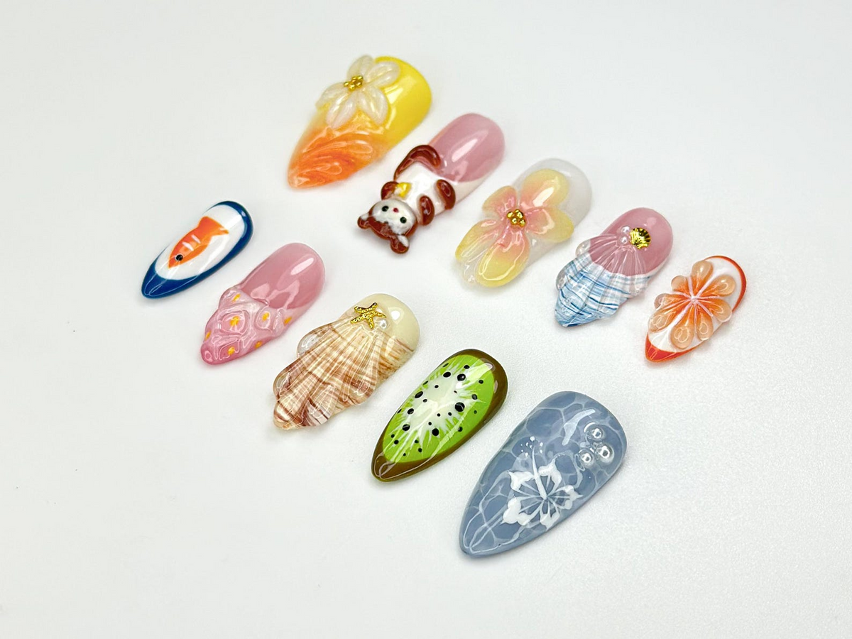 Summer Picnic Mokey Press On Nails 3D Fruit & Flower ArtFun Mismatched Vacation Nail Set Playful Beach Picnic Nail| Cute Nails