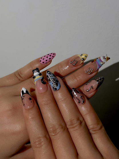 Polka Dot Cat Melody Press On Nails Cute Cat Nail Art for Music Lover Polka Dot Nude Nails