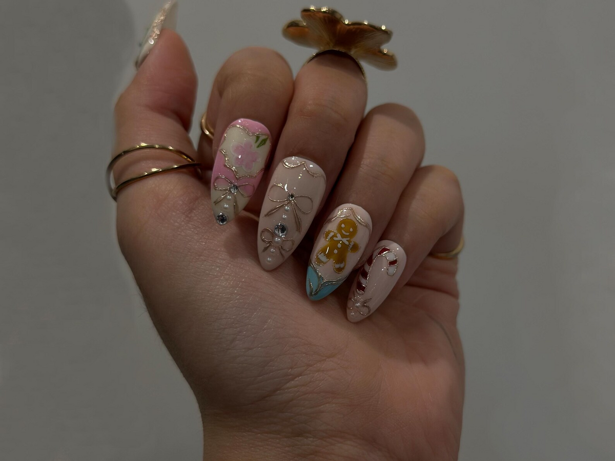 Pink Pastel Christmas Press On Nails Pastel Gingerbread & Candy Cane Nails Pink Christmas Press Ons Cute Festive Design