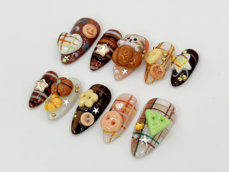 Kawaii 3D Cat Press On Nails Cute Autumn Plaid Nails Cat & Plaid 3D Nail Set Handmade Kawaii Nail Set Autumn Inspired OB594HC