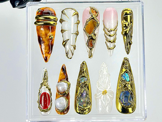 Gold Sculpture Press On Nails Abstract Luxury Fake Nails Metallic Stone Look Nail Art Gold Detail Acrylic NailsLuxury NailsOB905YC
