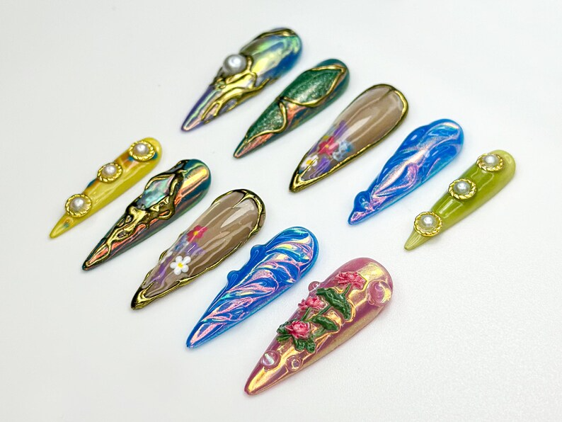 Floral Chrome Press On Nails Mixed Pearl 3D Art Nails Sculpted Nature-Inspired Holographic Garden Press Ons Artistic Nail OB856HK