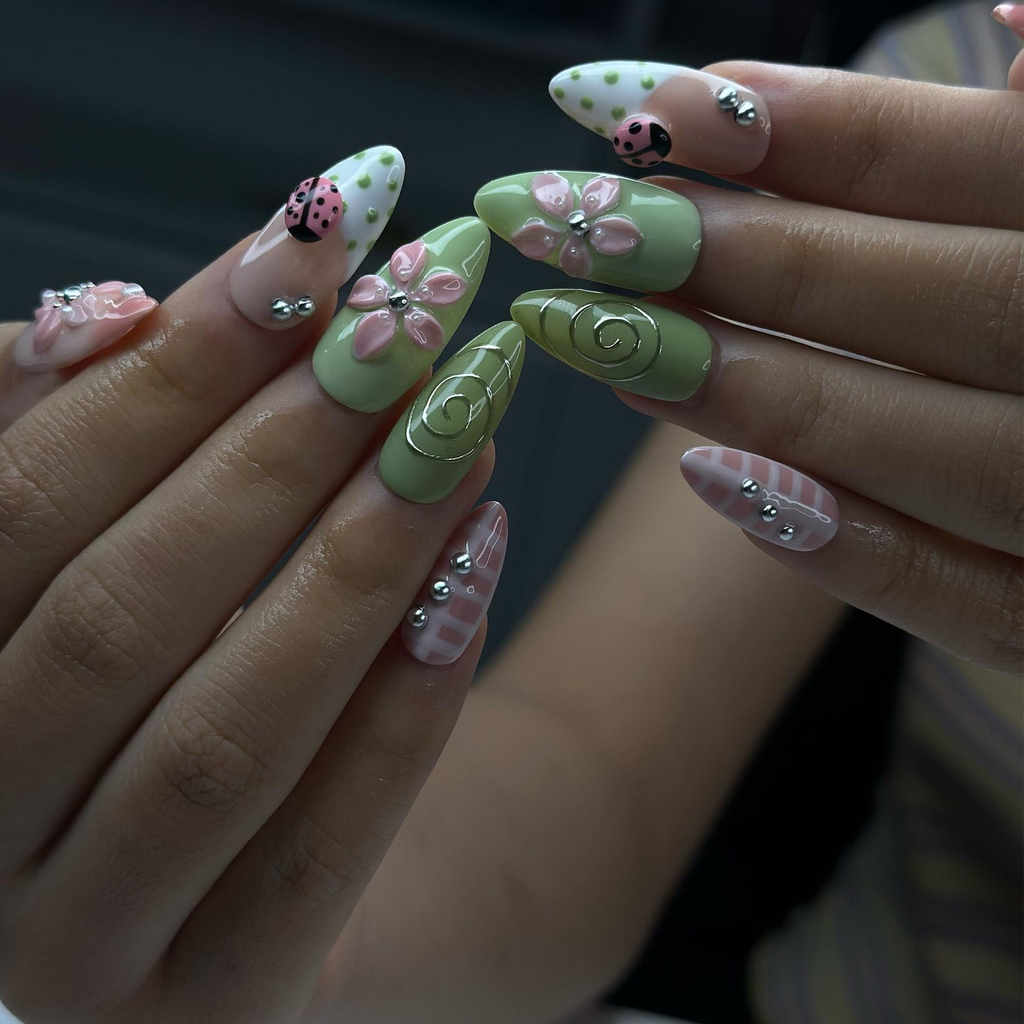 Ladybug Press On Nails Almond • Spring Garden Gift • Pink Green 3D Flower Cute Kawaii