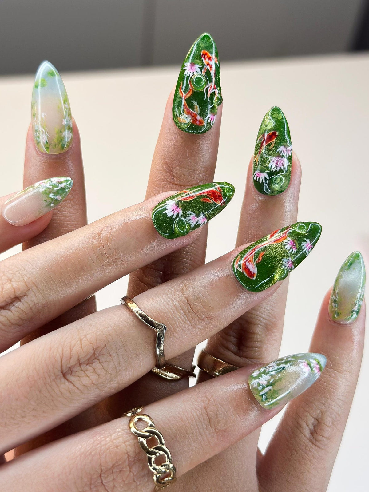3D Koi Pond & Pink Lotus Press On Nails, Zen Garden Art, Luxury Moss Green Shimmer