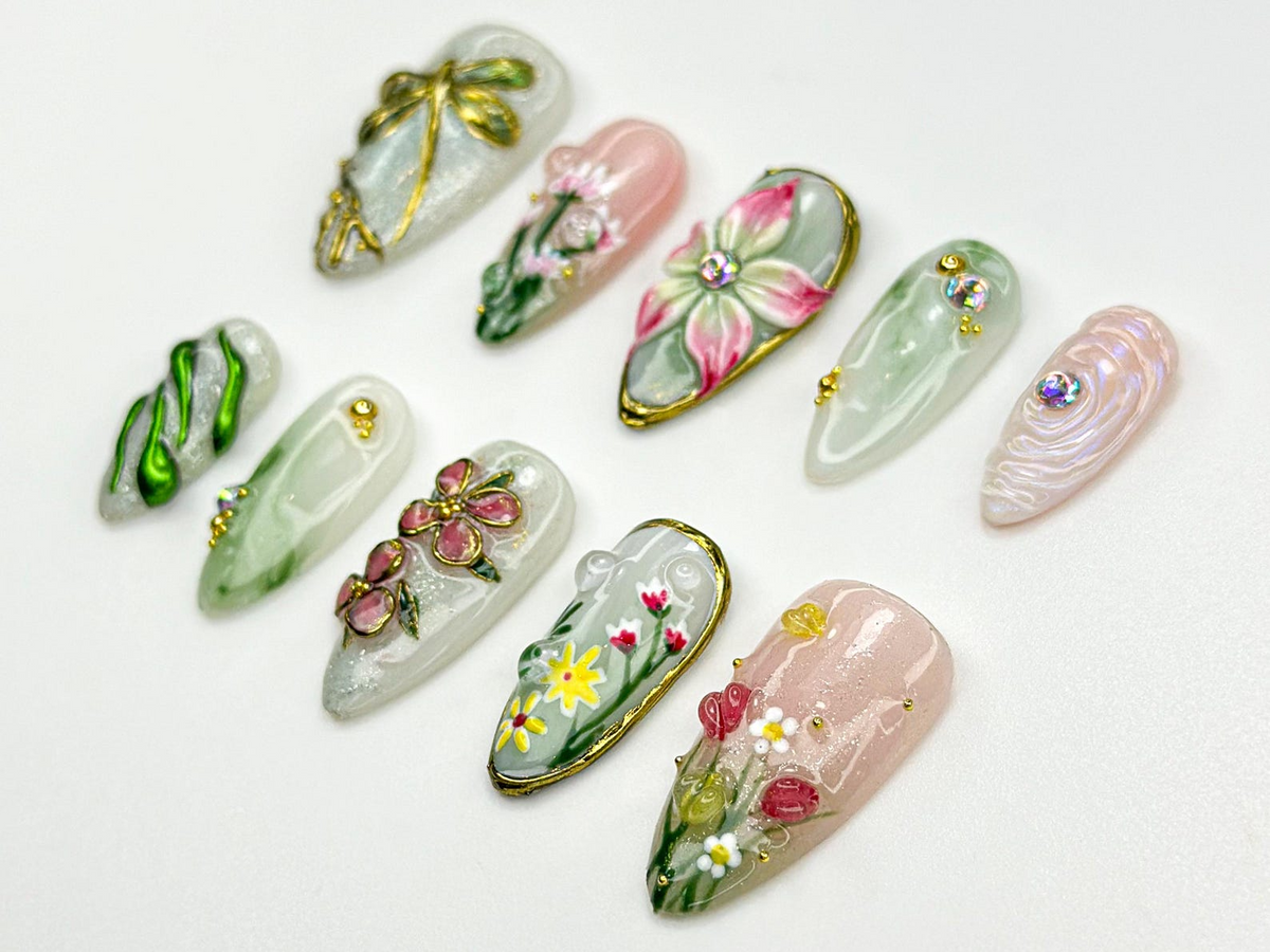 Elegant Flower Garden Press On Nails 3D Wildflower & Dragonfly Nails Nature-Inspired Floral Nail Art Elegant Spring Press OnsOC816HC