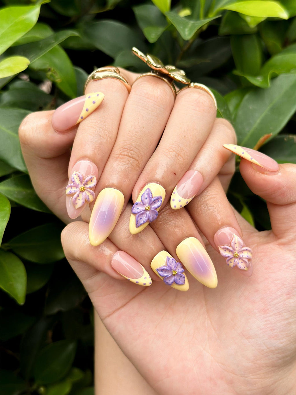 Pastel Sunset Bloom Press On Nails, 3D Purple Flower Nails, Yellow Ombre Nails, Soft