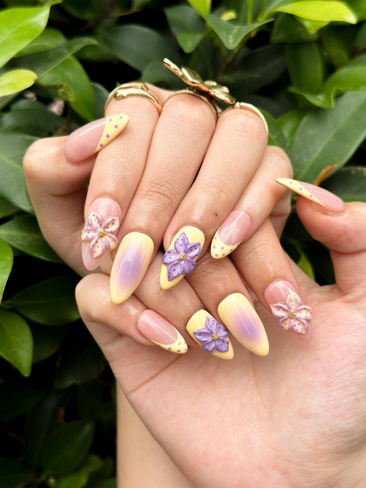 Pastel Sunset Bloom Press On Nails, 3D Purple Flower Nails, Yellow Ombre Nails, Soft