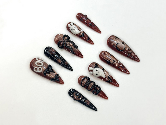 Boo Ghost Bunny Press On Nails, Cute Halloween Nail Set, Handmade Brown Nude Nails, Spooky