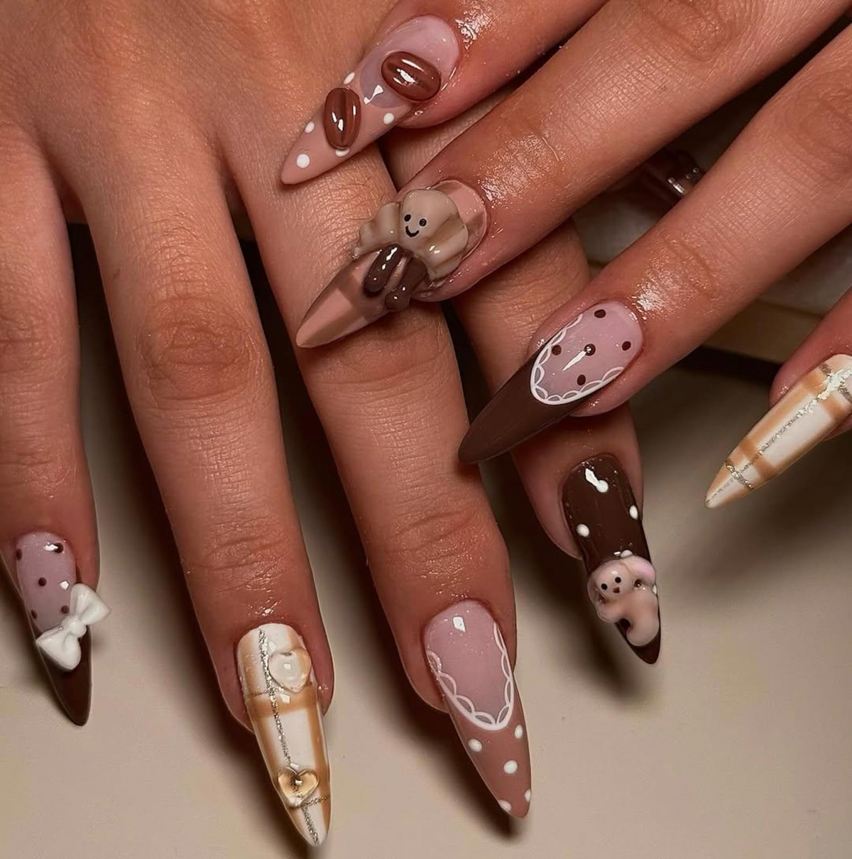 Teddy Bear Autumn Press On Nails Fall & Autumn Coffee Nails Cute Bear Nail Art Plaid Neutral Nails Handmade Luxury Nails