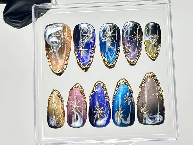 Galaxy Star Press On Nails Cosmic Nail Set with Gold Stars Fake Nails Starry Night Nail Art Galaxy Blue Nails Luxury Nails OB916YC