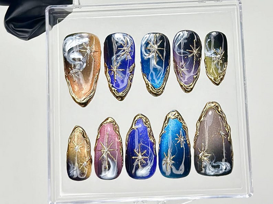 Galaxy Star Press On Nails Cosmic Nail Set with Gold Stars Fake Nails Starry Night Nail Art Galaxy Blue Nails Luxury Nails OB916YC