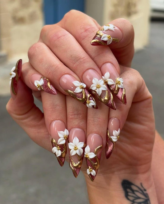 Bold Red Floral Press On Nails Red Nude Gradient Nails 3D White Floral & Gold Accents Statement Autumn Nails