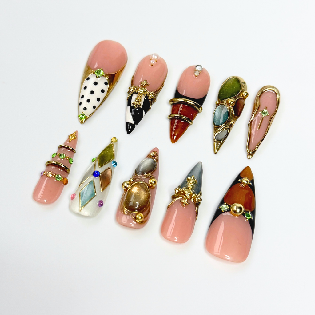 Luxury Press On Nails with Gemstone Charms, Vintage Gold Fake Nails in Long Almond