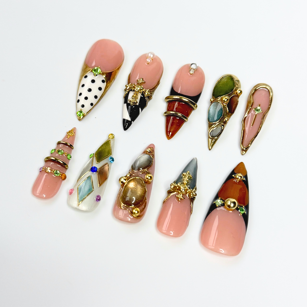 Luxury Press On Nails with Gemstone Charms, Vintage Gold Fake Nails in Long Almond