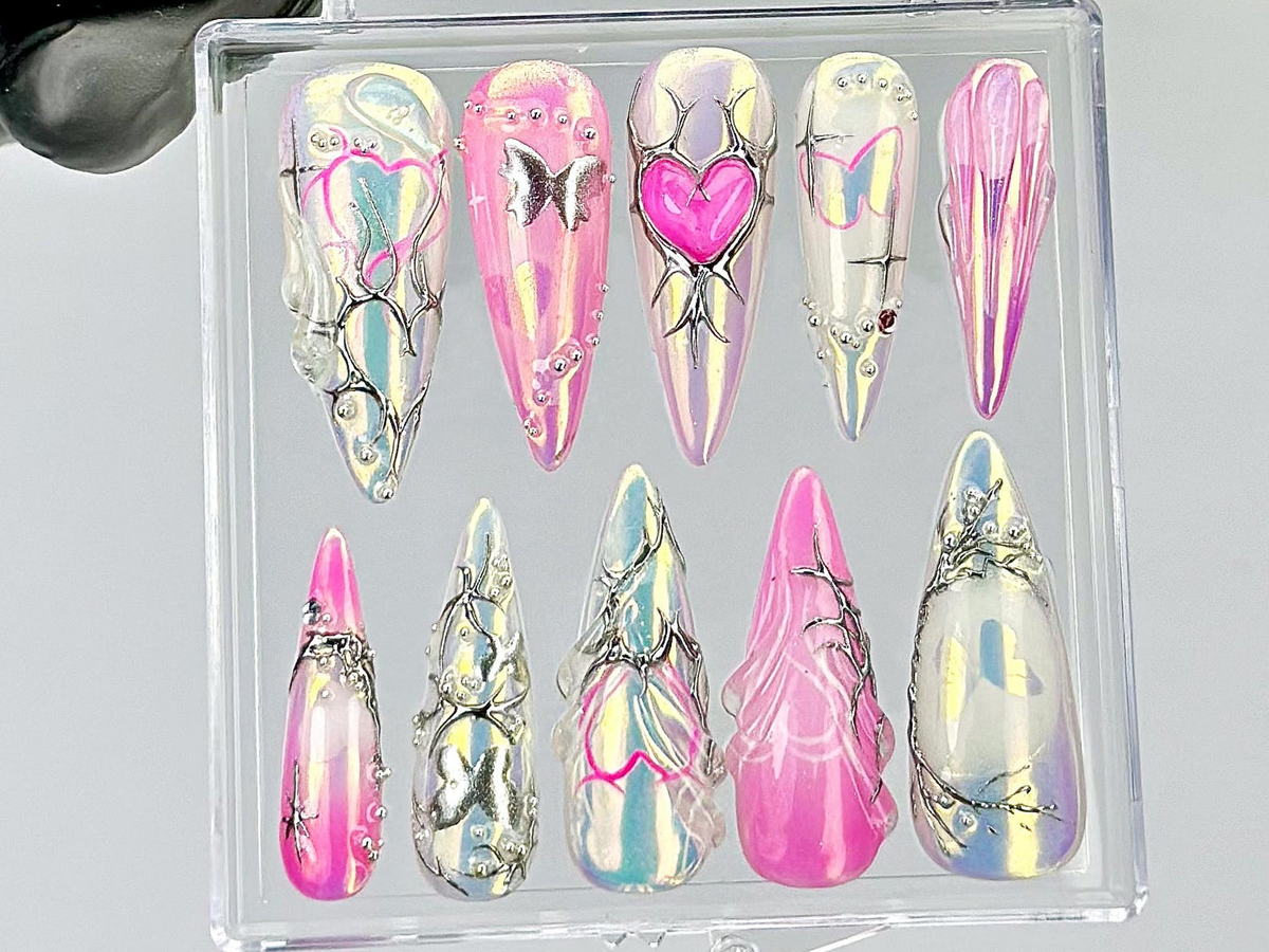 Chrome Pink Heart Press On Nails By DoryNails Y2K Silver Mirror Design Fake Nails Iridescent Butterfly Nail Art Girly Nails| OC817Y