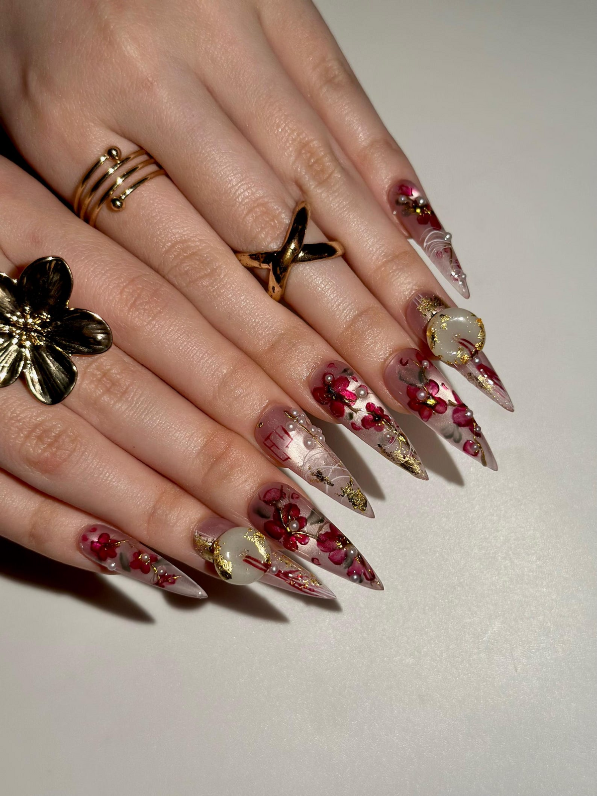 Handmade Cherry Blossom Press On Nails, Asian Inspired Luxury 3D Jade and Gold Leaf Nails