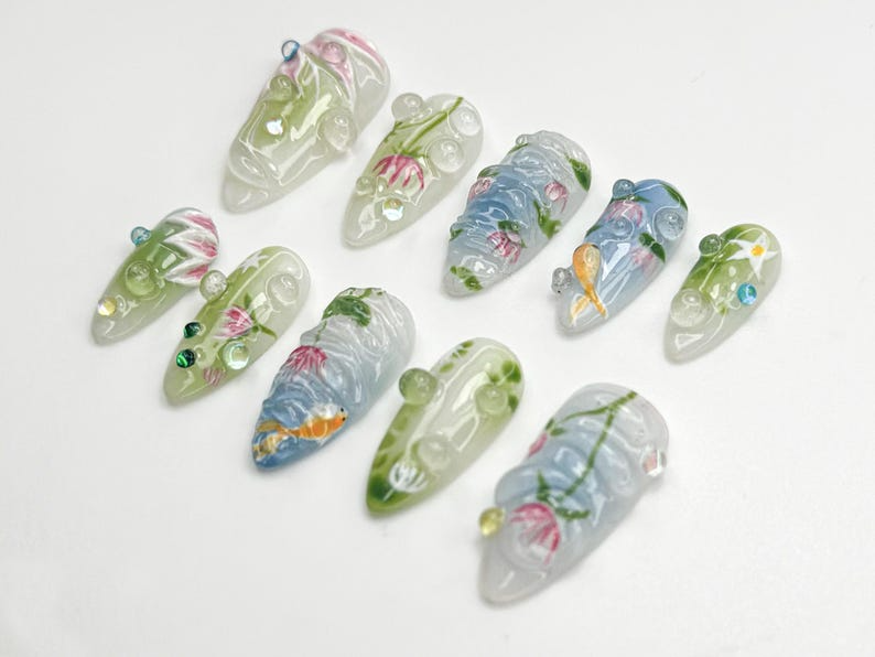 Water Garden Koi Press On Nails Hand-Painted Koi Fish & Lotus Flowers Zen Nature Art Nail Set Calm Pond-Inspired Press Ons OC798HC