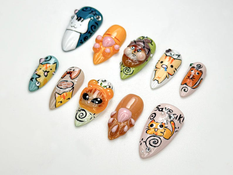 Whimsical Cartoon Kitty Press On Nails 3D Cat Paw & Animal Faces Cute Cartoon Pet Press Ons Handmade Kawaii Nail Set