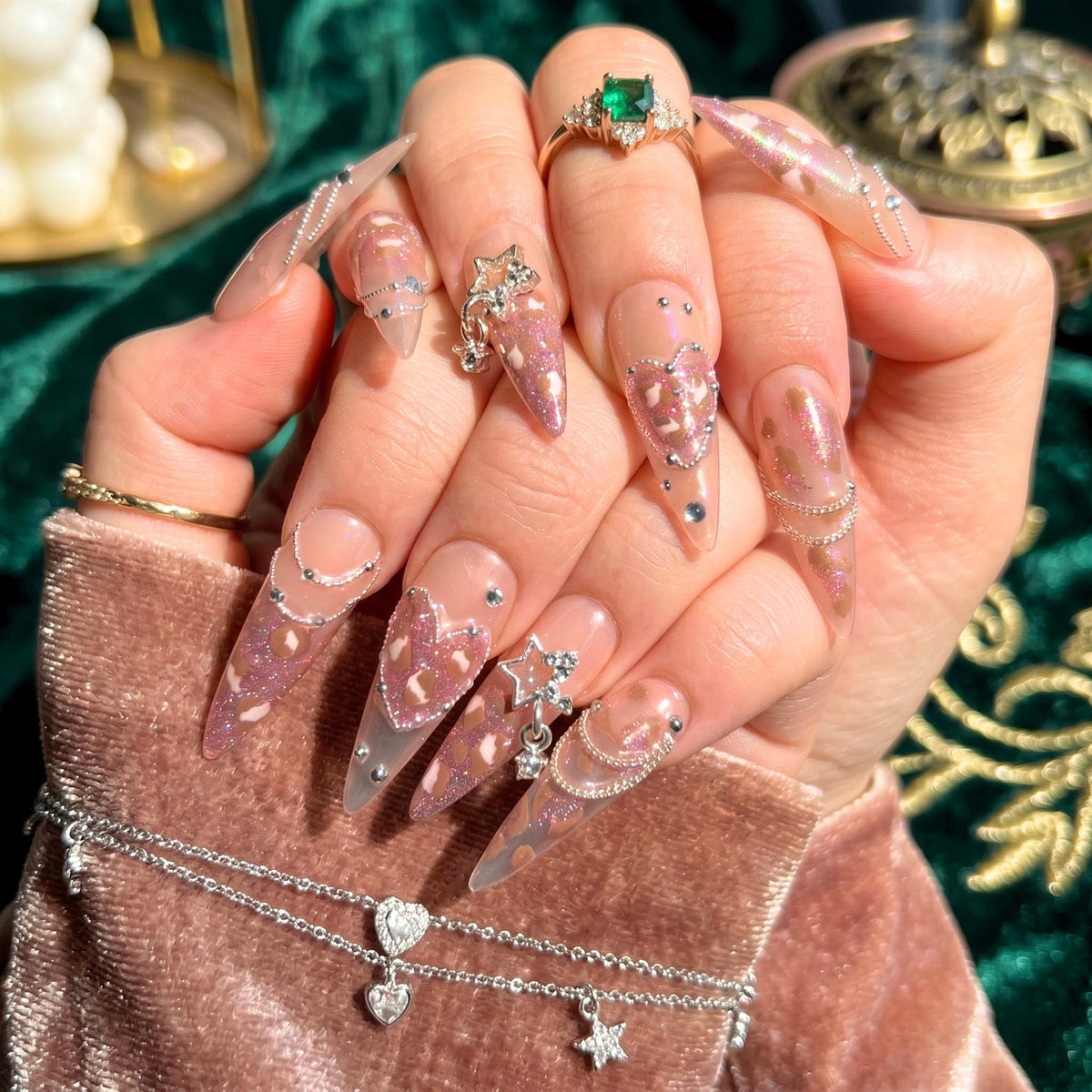 Leopard Print Press On Nails, Luxury Gyaru Y2K Stiletto Nails, Silver Star Chain Heart
