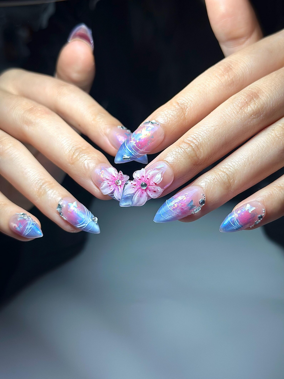Aurora Galaxy Floral Press On Nails Iridescent Chrome Stiletto Nails 3D Sakura Flower
