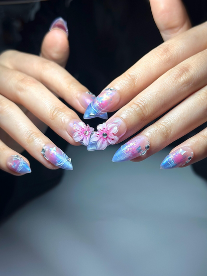 Aurora Galaxy Floral Press On Nails Iridescent Chrome Stiletto Nails 3D Sakura Flower