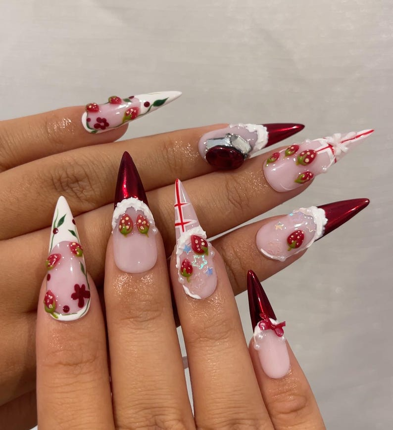 Strawberry  Press On Nails For Christmas  3D Strawberry & Whipped Cream Nail Art Cute Festive Press Ons| Sweet Winter Nail Design