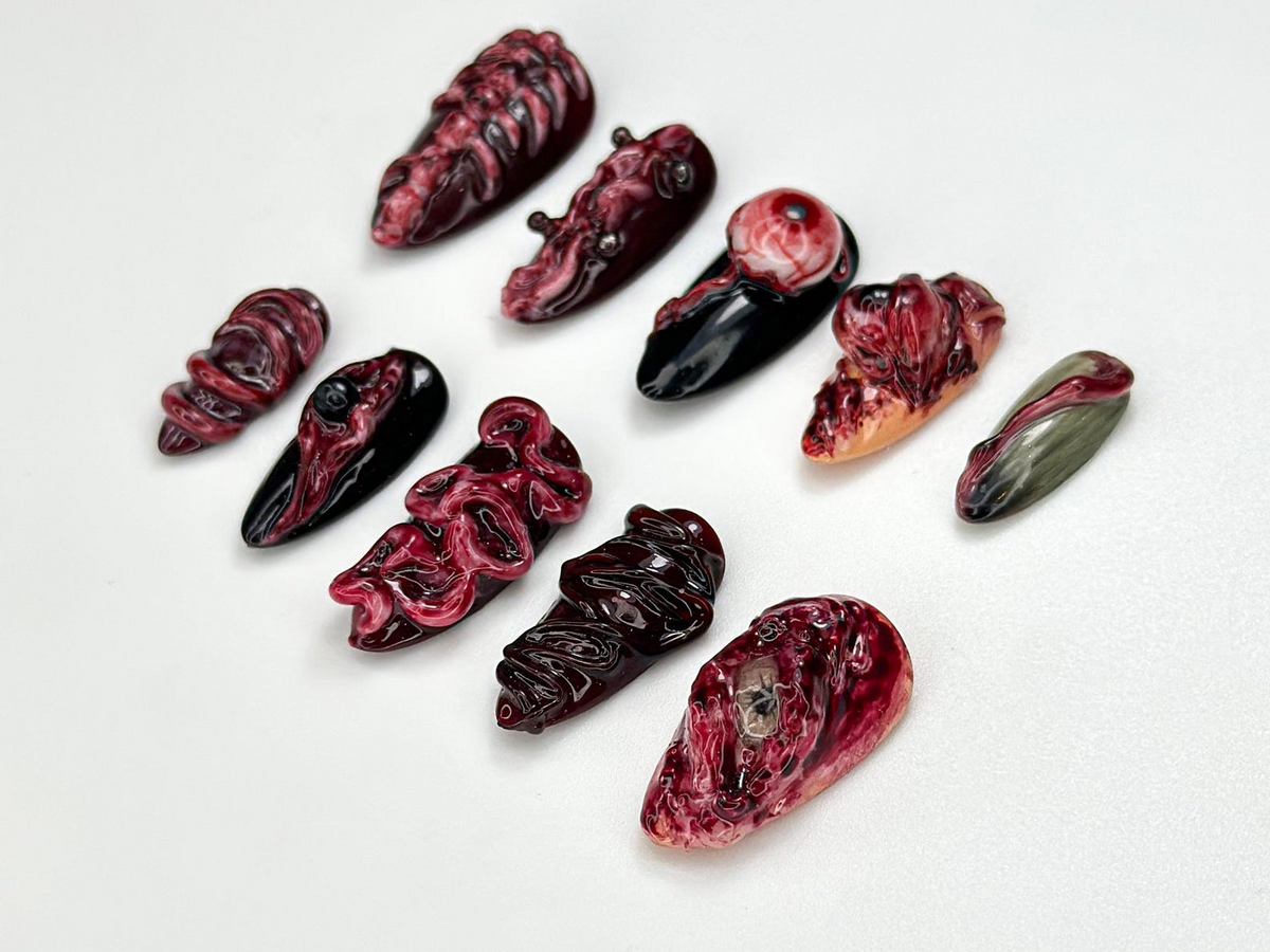 Horror Halloween Press On Nails 3D Bloody Body Art Nails Halloween Skeleton & Flesh Nail Set Grunge Monster Horror Nails