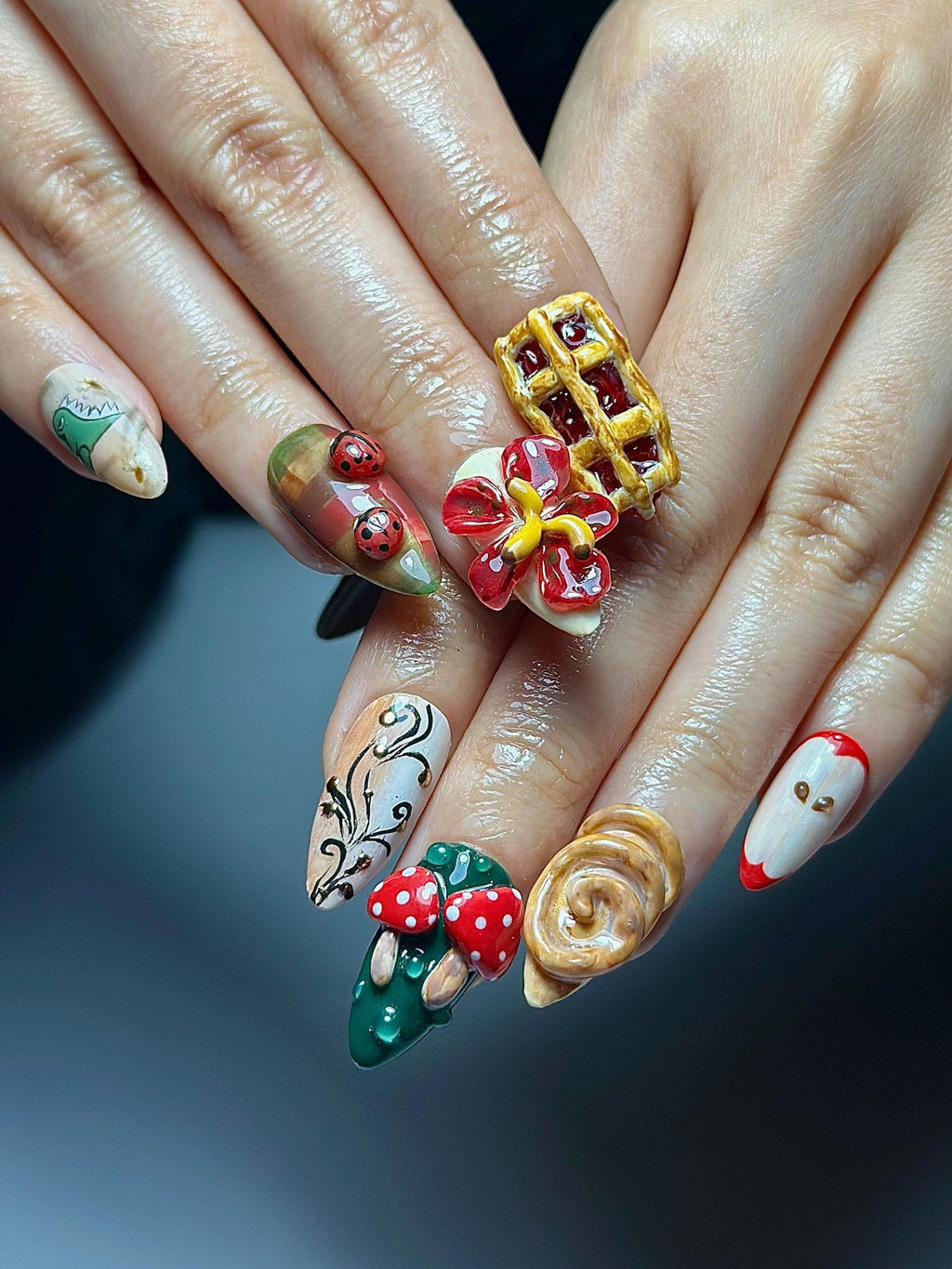 Melancholic Cartoon Press On Nails Cottagecore Nail Art Mushroom & Dessert Nails Fantasy