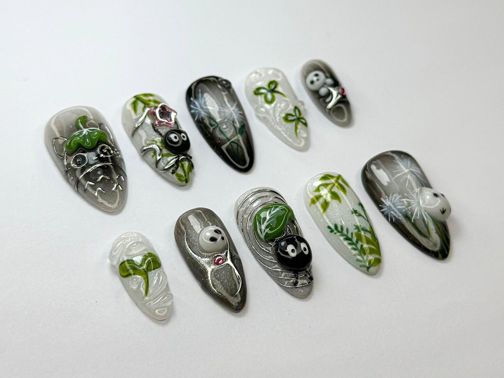 Whimsical Forest Totoro Press-On Nails Totoro-Inspired Handmade Nailss Totoro & Soot Spirit Nail Design Handmade Fantasy NailOB719HC