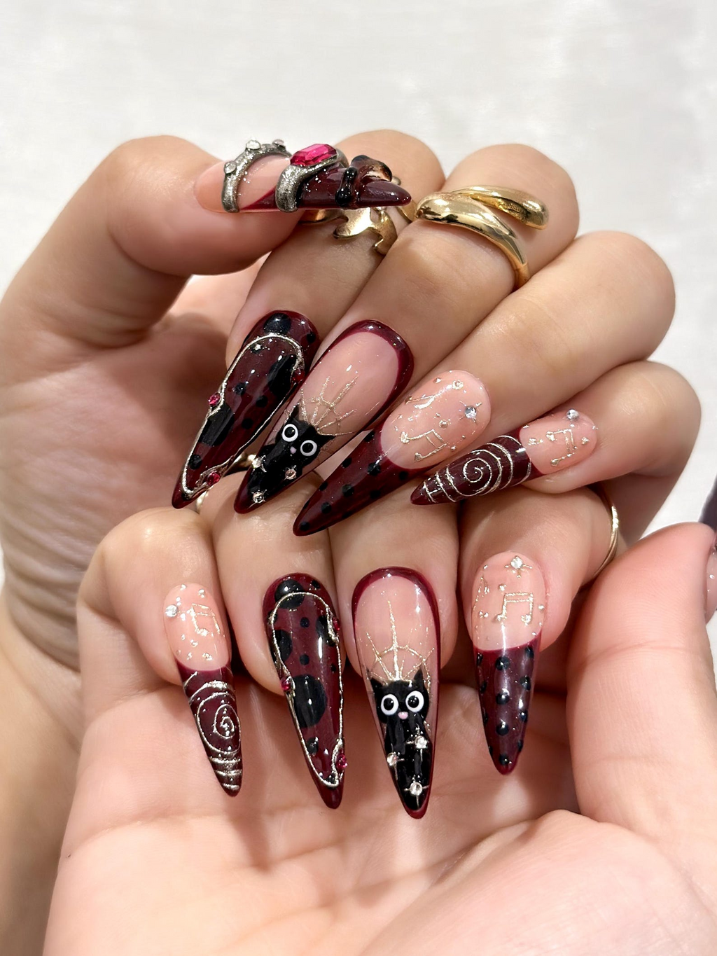 Gothic Ruby Witch Press On Nails Red Black Sorcery Nail Art 3D Ring Accents & Mystic Symbols Luxury Dark Glam Set