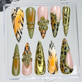 Jungle Safari Glam Press On Nails Gold 3D Embellished Leopard Fake Nails Olive & Mustard Animal Print Nail Art Exotic Nails
