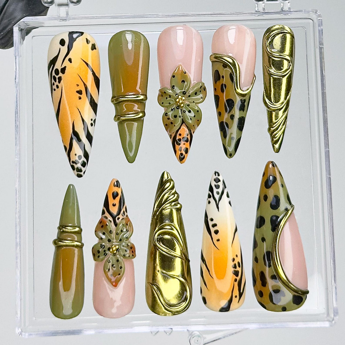 Jungle Safari Glam Press On Nails Gold 3D Embellished Leopard Fake Nails Olive & Mustard Animal Print Nail Art Exotic Nails