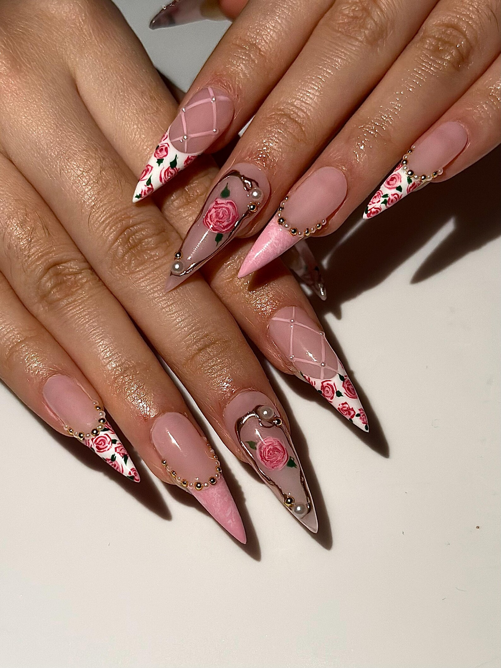 Vintage Rose Stiletto Press On Nails Pink Rose Bridal Nails for Women French Tip Floral