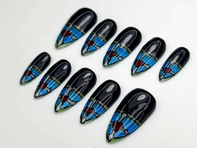 Stained Glass Heart Press On Nails Blue Black Gothic Nail Art Hand Painted Window Glass Design Red Heart Accent Nails