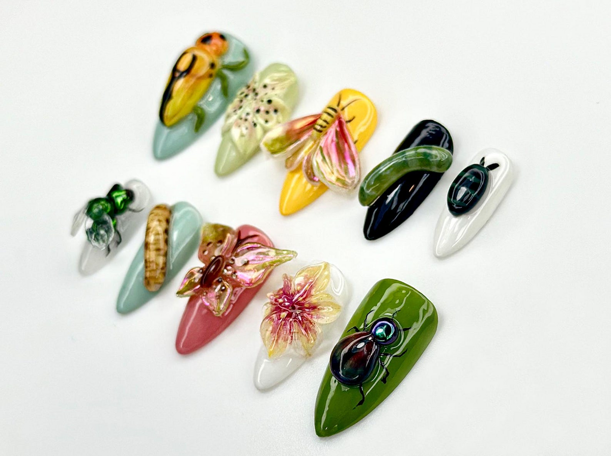 Insect Garden Fantasy Press On Nails 3D Bug & Butterfly Nail Art Botanical Nature Nails Handpainted Cicada Bee Beetle Design