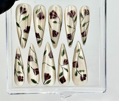 Vintage Vine Bloom Press On Nails Handpainted Floral Nail Art Nature-Inspired Botanical Tips Elegant Glossy Press Ons