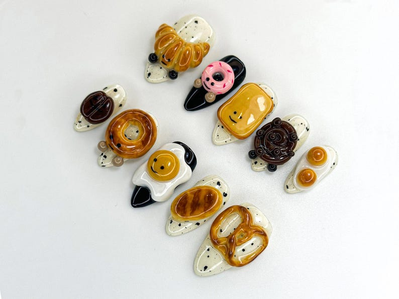 Breakfast Food Press On Nails 3D Croissant Donut Nail Art Toast and Egg Handmade Nails Fun Foodie Nails