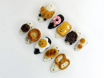 Breakfast Food Press On Nails 3D Croissant Donut Nail Art Toast and Egg Handmade Nails Fun Foodie Nails