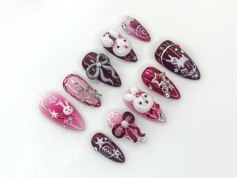 Gothic Bunny Dream Press On Nails Red And Pink Festive Nail Art 3D Bunny & Bow Charms Starry Holiday Glam Nails