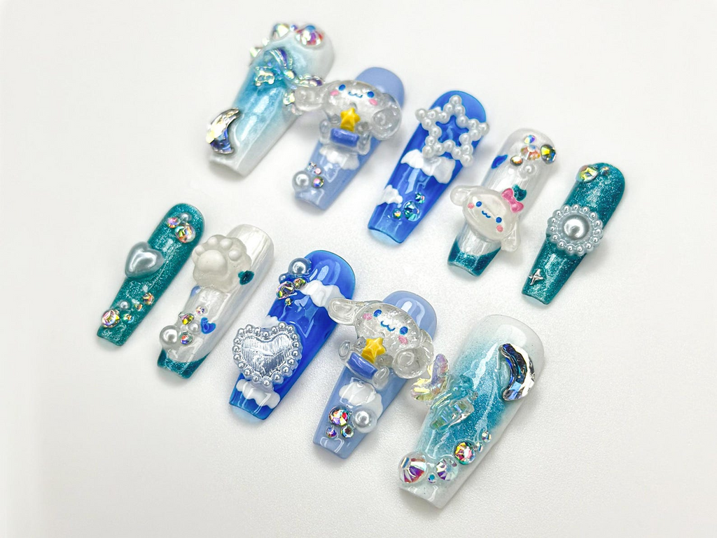 Kawaii Puppy Cloud Press On Nails Blue Sky Nail Art 3D Cloud & Star Resin Nails Dreamy Pup-Inspired Press Ons Cute Nails
