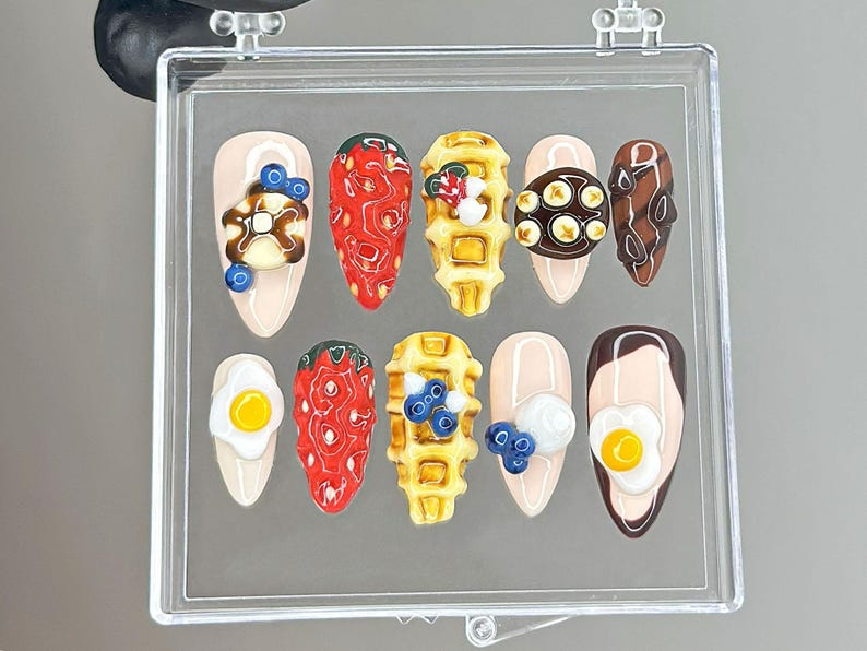 Kawaii Brunch Press On Nails 3D Food Nail Art Strawberry Waffle Press Ons Funny Food Fake nails Egg & Strawberry Nails