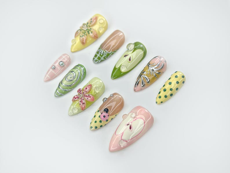 Green Garden Press On Nails 3D Floral Accents, Ladybug Charms & Whimsical Pastel Nail Art Handmade Nature-Inspired Nail Set